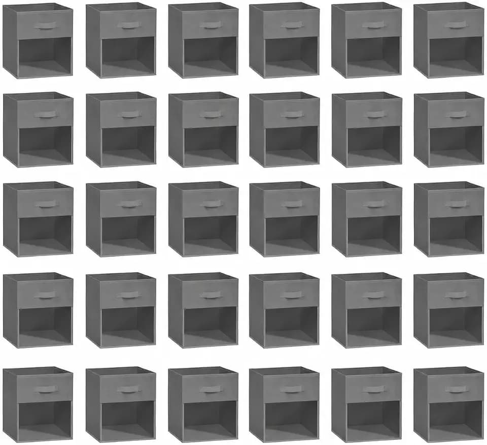 Reversible Storage Cubes 30 Pack with Dual Clear Windows, 11x11x11 Inch Cube Storage Bin, Heavy Duty Fabric Baskets for Shelves, Reinforced X-Stitch Handle Closet Organizers for Clothes Blanket, Gray
