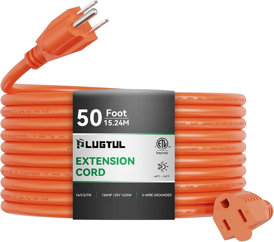 Outdoor Extension Cord 50 FT | 16/3 Gauge Heavy Duty 3 Prong Extension Cord, 13A 1625W SJTW, ETL Listed, Great for Garden and Home, Orange