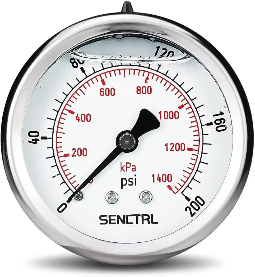 SENCTRL 0-200 Psi Liquid Filled Pressure Gauge, 1/4" NPT Back Mount