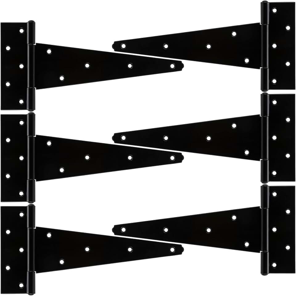 HILLMASTER 10 Inch T-Strap Heavy Duty Shed Door Hinges Gate Strap Hinges Black Tee Hinge Wrought Hardware for Wooden Fences,Yard,Barn Door,Rustproof (6 Pack)