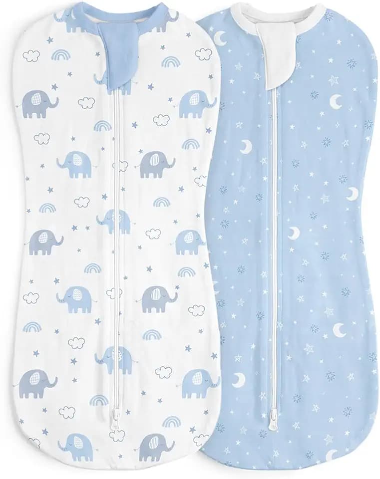 Baby Swaddle 0-2 Months, Cotton Arm-In Zipper Sleep Sack, Wearable Blankets Wrap for Newborn Infant Girls, Boys (Elephant, Star Moon, Pack of 2)