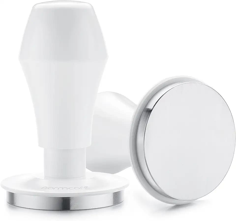Normcore 58.5mm Coffee Tamper V4.1 with Click Sound Feedback, Espresso Spring Loaded Tamper with 304 Stainless Steel Flat Base Base, Anodized Aluminum Handle with Silicone Stand, White