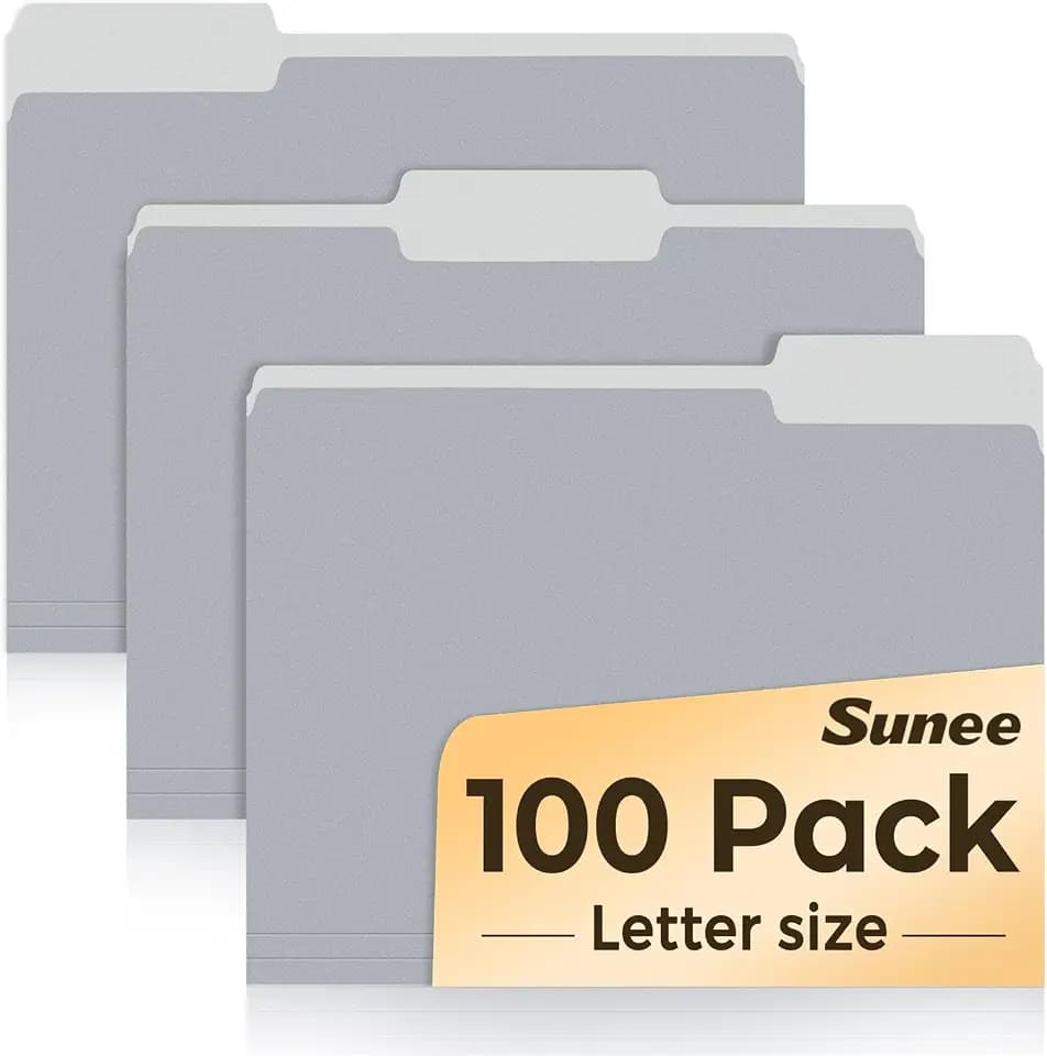 SUNEE File Folders Letter Size Gray, 100 Pack Manilla Folders 8.5 x 11 1/3-Cut Tabs, Colored File Folders Office Home School for Documents Files Paper