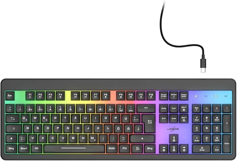 uRage Gaming-Tastatur Exodus 215 Illuminated, QWERTZ DE, RGB-Beleuchtung, Anti-Ghosting, 26-Rollover-Tasten, 12 Multimedia-Funktionen, 105 Tasten, abnehmbares Kabel, USB, höhenverstellbar, Schwarz