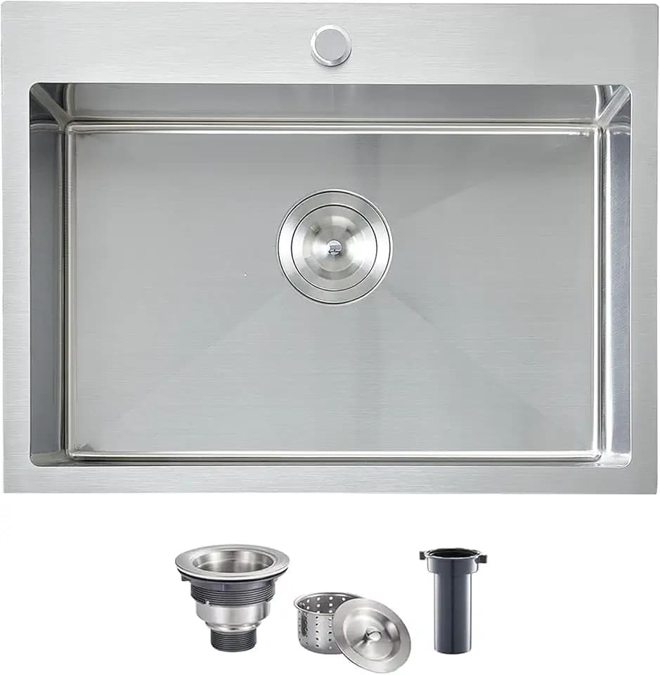 VCCUCINE 22x18 Inch Drop in Kitchen Sink,16 Gauge Topmount RV Small Kitchen Bar Sink, Handmade Stainless Steel Wet Bar Sink, Outdoor Single Bowl, Brushed Nickel Prep Sink with Strainer