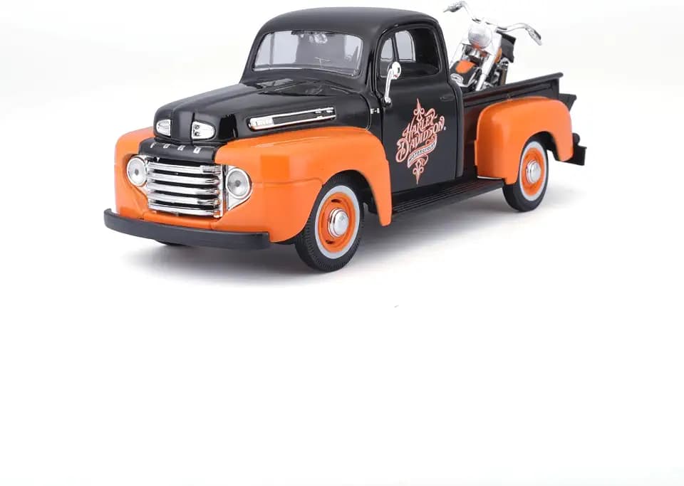 1948 Ford F-1 Pickup Truck with 1958 Harley Davidson FLH Duo Glide Motorcycle Orange and Black 1/24 Diecast Models by Maisto