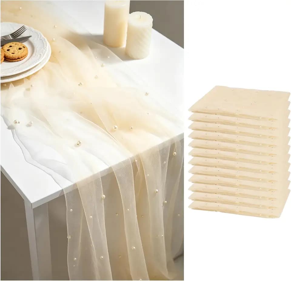 12 Pack Pearl Beige Gauze Table Runner, 120 Inch 10FT, Sheer Tulle Table Runner for Wedding, Holiday, Birthday, Baby Shower, Fall Dining Table Decor for Home Party