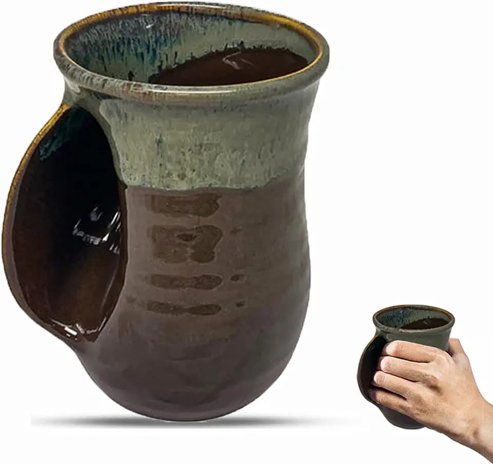 Clay in Motion Hand Warmer Coffee Mug – Handmade Coffee Mug With Comfortable Handle Contoured Pocket Hand Warming Ceramic Coffee Mug – Proudly Made in USA – Left Handed – 14 Oz - Mocha