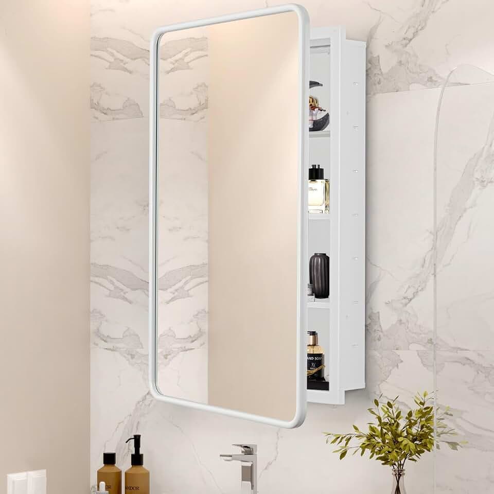 17 x 27 White Bathroom Medicine Cabinet with Mirror Metal Frame Recessed Or Wall Mounted Single Door Storage Medicine Cabinets with Adjustable Shelves Rounded Corner