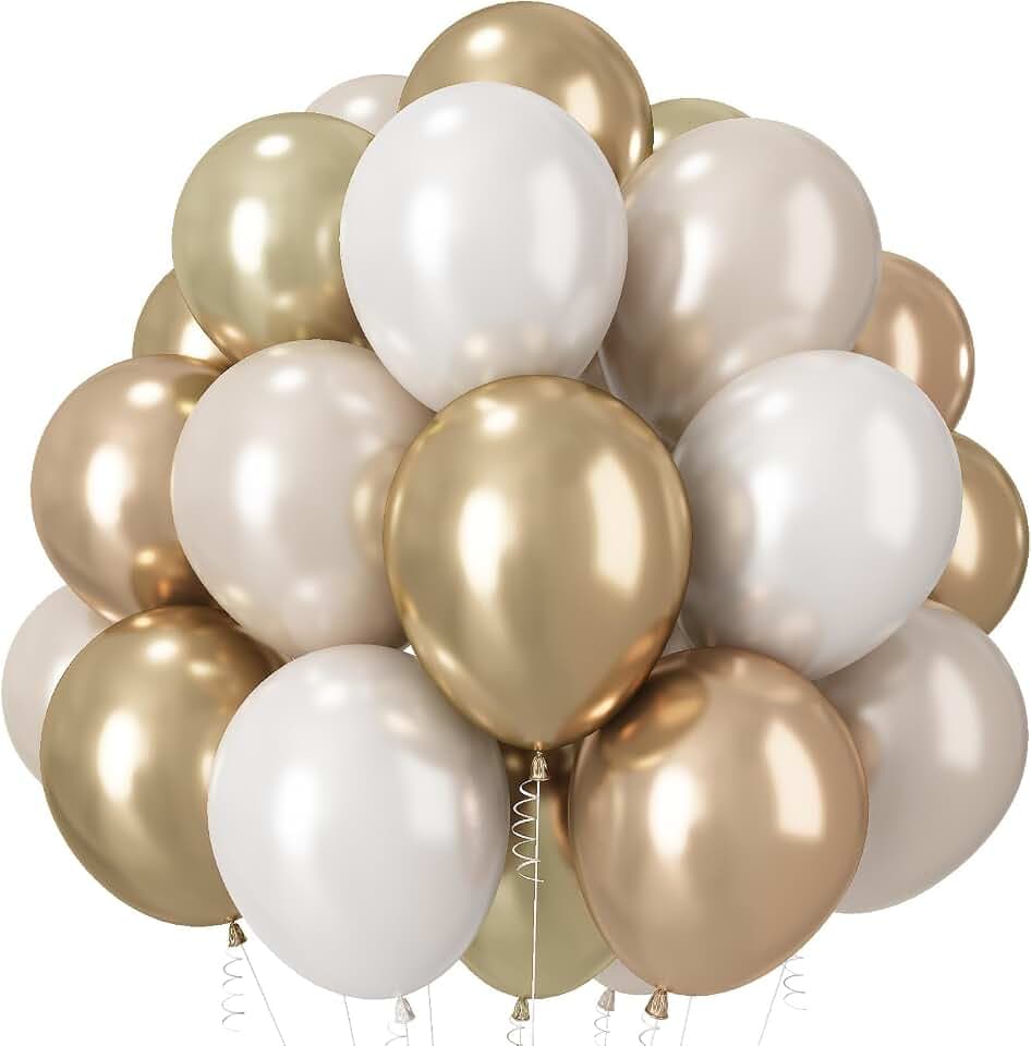 Champagne Gold and White Balloons, 12 Inch Double Stuffed Pearl White Sand Gold Metallic Balloons Wedding Beige Cream Latex Balloon for Boho Bridal Shower Birthday Bachelorette Engagement Party Decor