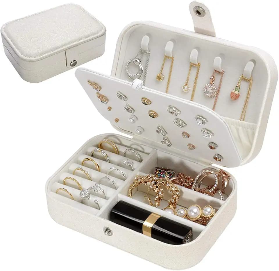 jiemei Jewelry Box, Travel Jewelry Organizer Cases with Doubel Layer for Women’s Necklace Earrings Rings and Travel Accessories(White)
