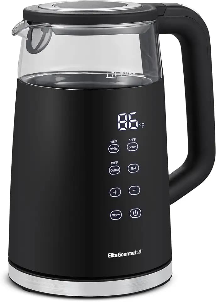 Elite Gourmet 1.7L Dual-Wall Cool-Touch Tea Kettle, Touchscreen, Black