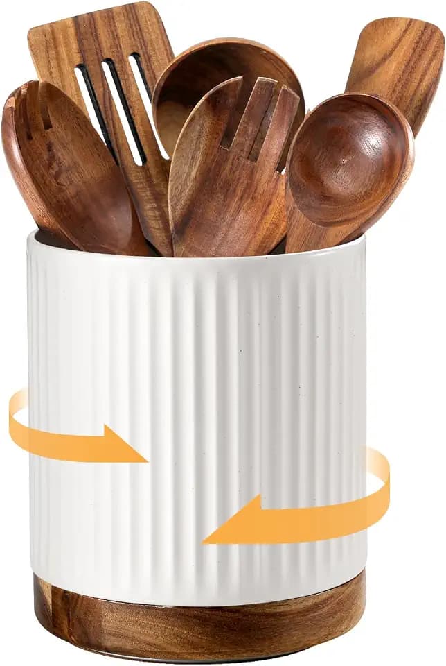 DOWAN 360° Rotating Extra Large Cooking Utensil Holder, 7.6" Kitchen Utensil Holder for Countertop, Utensil Crock for Farmhouse Kitchen Decor, Ceramic Stable Utensil Caddy, White Stripes