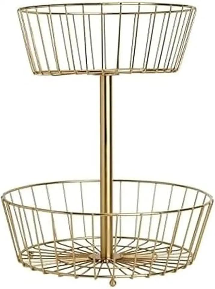 Gourmet Basics by Mikasa Geneva 2-Tier Countertop Fruit Basket Gold-Finish Metal Storage Stand for Kitchen Countertop Organization, Produce Display