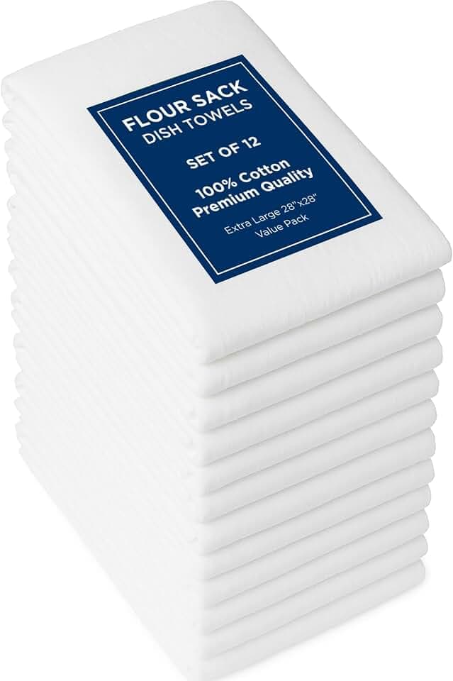 ROYALE LINENS Flour Sack Towels – 12 Pack 28x28 Inch White Kitchen Dish Towels – 100% Cotton Tea Towels for Bread Proofing, Cheese Straining, Baking, Cleaning, Drying, Embroidery, Multipurpose Use