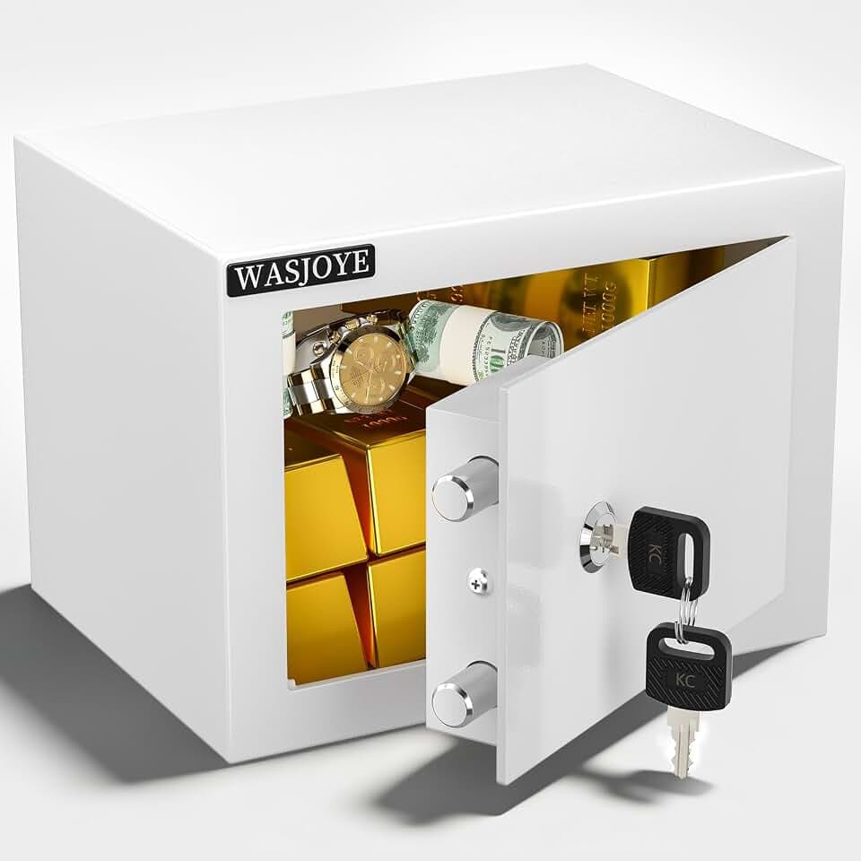 WASJOYE Safe with Key for Money, 0.25 Cu Ft Key Lock Box (White)
