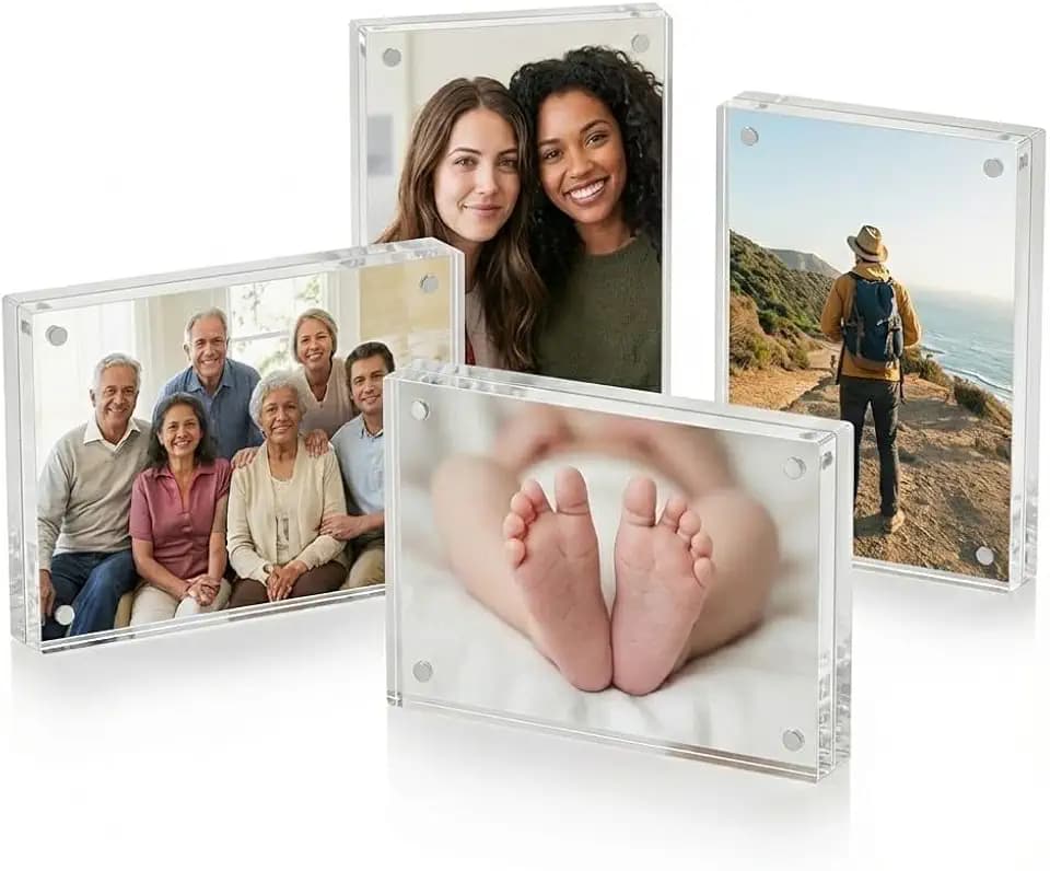 4 Pack Acrylic Picture Frames 4x6, Extra Thick Magnetic Photo Block, Double Sided Clear Frameless Picture Holder, Self Standing Desktop Display for Office, Wedding Table Numbers & Home