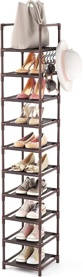 LANTEFUL Tall Shoe Rack 10-Tier Narrow Shoe Shelf Storage for 10-15 Pairs Shoe and Boot, Sturdy Shoe Storage Space Saving Corner Shoe Rack Organizer for Closet, Entryway, Living Room, Brown