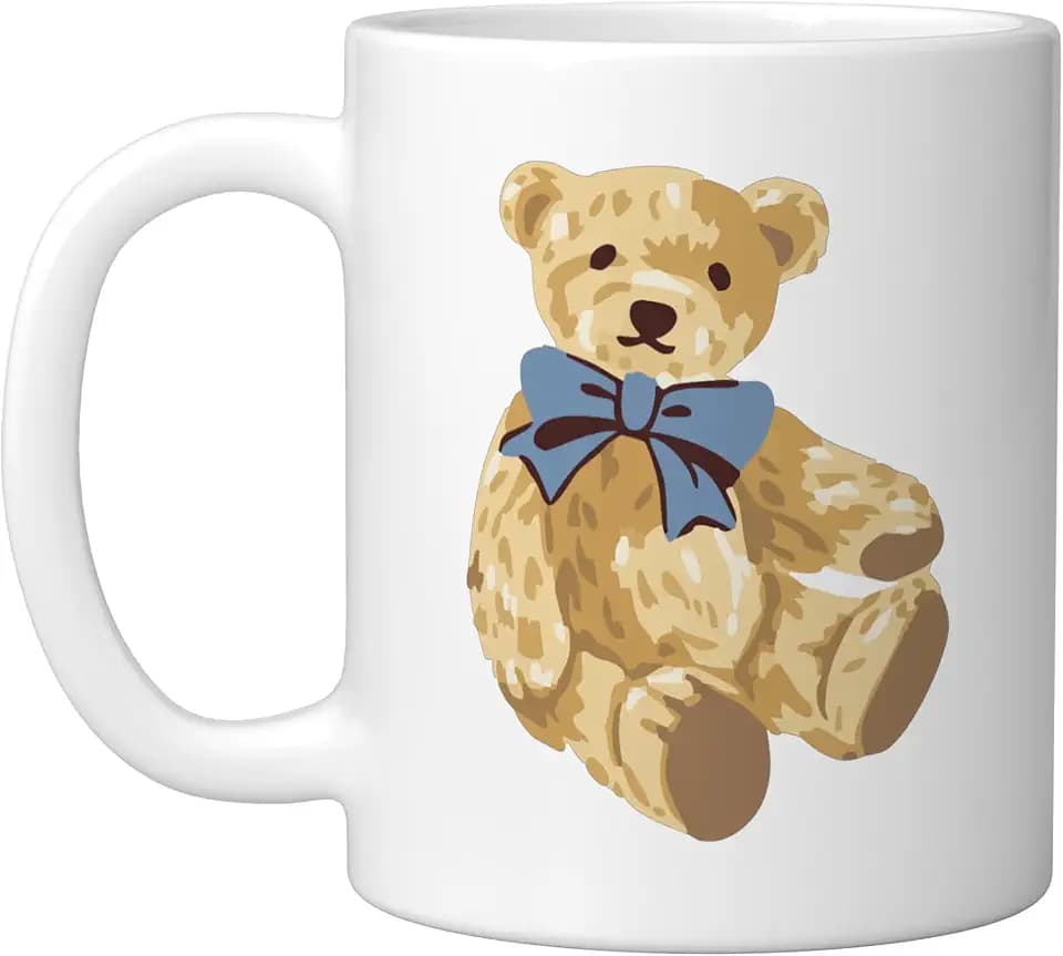 Vintage Teddy Bear Blue Bow Coquette Aesthetic Valentines Ceramic Mug, White, 11oz