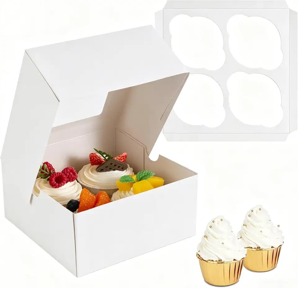 Jotique 4 count White Cupcake Boxes with Window, 20 Sets 6x6x3 Inch