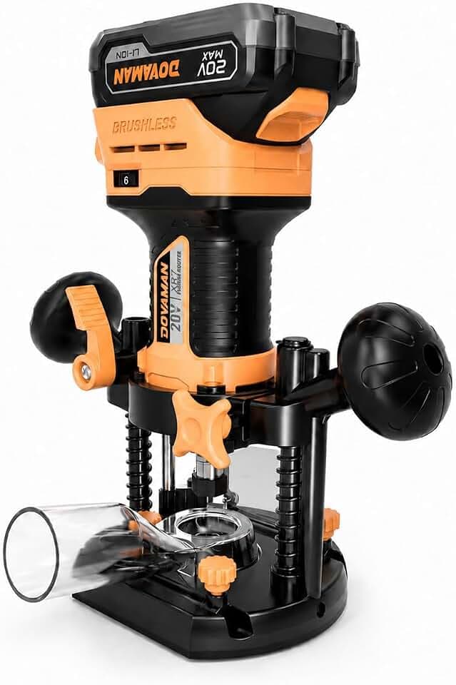 DOVAMAN 20V Cordless Router Tool, Brushless Wood Router for Groove Cutting & Cut-Out Work, 6-Speed Variable Control, 8-Level Depth Adjustment up to 1-9/16", Aluminum Base & Dust Collection