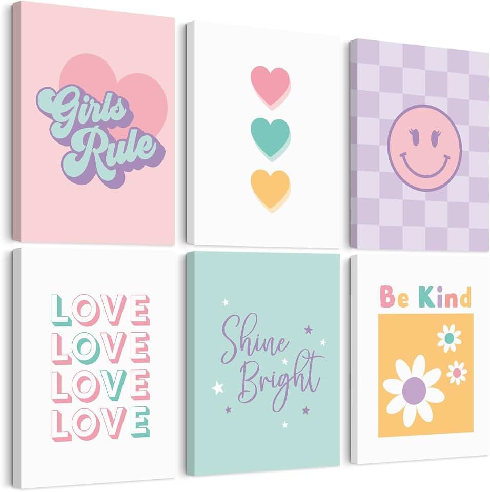 Lwoztra Girls Room Wall Art Kids Canvas Poster Nursery Wall Decor Pink Colorful Prints Baby Toddler Pictures Teen Girl Rule Artwork Love Smile Painting for Bedroom Playroom 8x10 Inch Ready to Hang