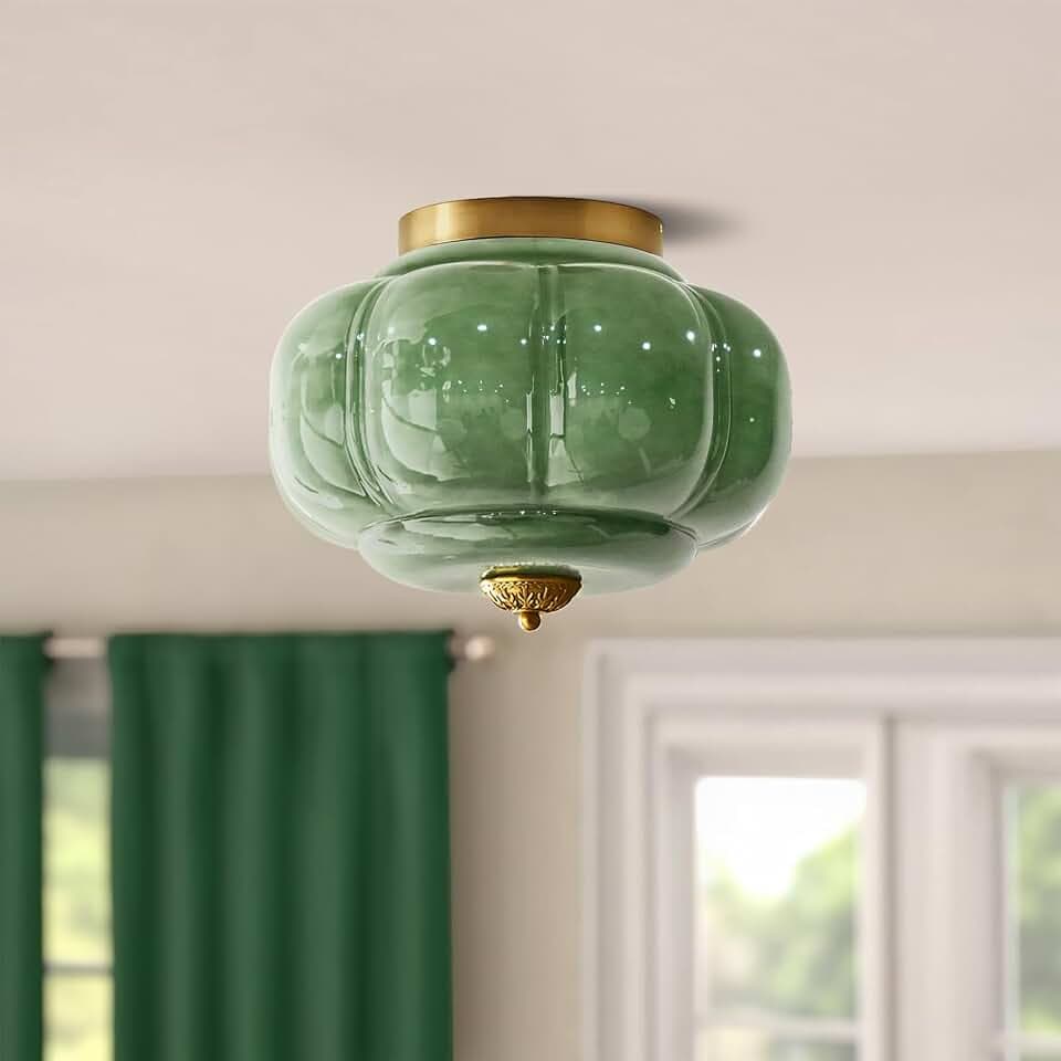 Milk Glass Ceiling Light Fixture - Farmhouse Antique Brass Semi Flush Mount Ceiling Light for Kitchen, Hallway, and Bedroom (Green 15 inch)