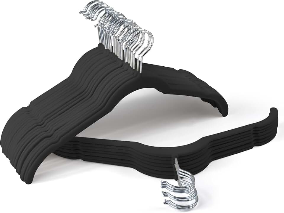 Sishynio Velvet Hangers 30 Pack, Non-Slip Slim Felt Clothes Hangers Black