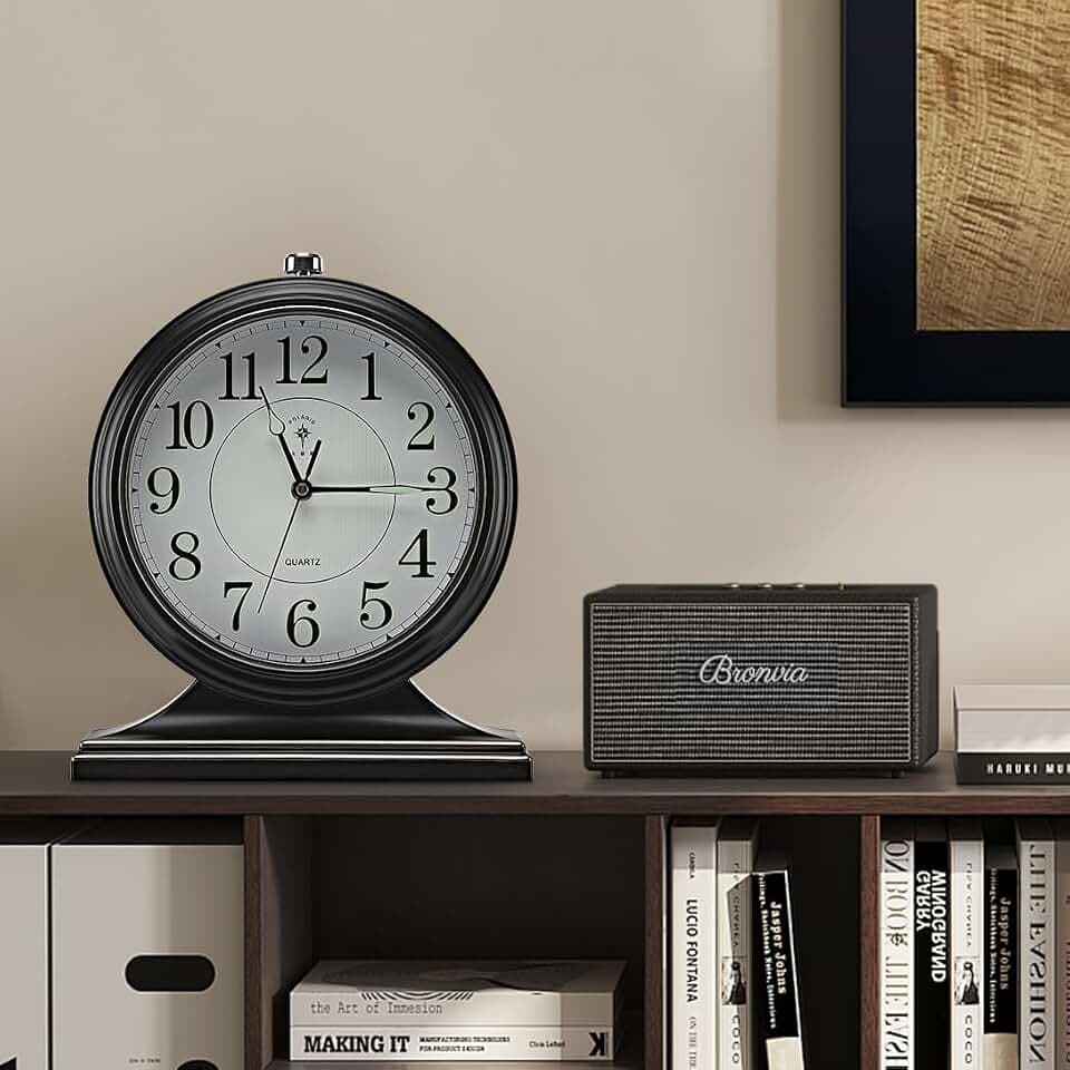 10-inch Retro Mantel Desk Clock, Vintage Table Clock for Fireplace, Easy to Read, Silent Movement, Accurate Timing, Black