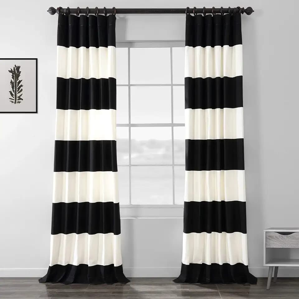 HPD Half Price Drapes Horizontal Striped Printed Curtains Cotton Curtains, 84 Inches Long (1 Panel) Room Darkening Window Curtains for Bedroom & Living Room, 50W x 84L, Black and Off White