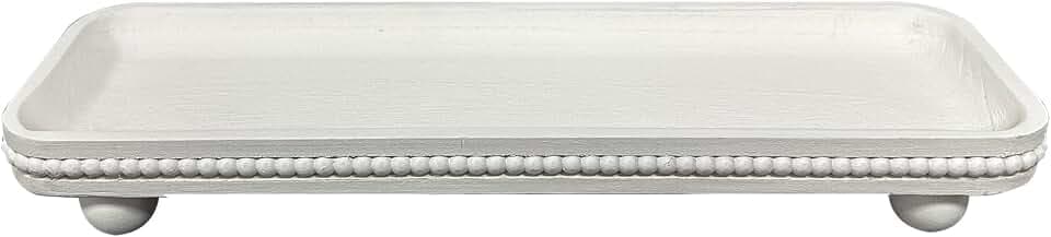 Dwellington Oval Wooden Decorative Tray, Farmhouse Style, Beaded Serving Tray for Living Room, Coffee Table (White)