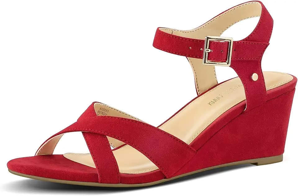 PIZZ ANNU Women's Wendy Low Wedge Sandals Ankle Strap Espadrille Open Toe Casual Summer Women Wedge Heels Shoes, Red Suede 7.5