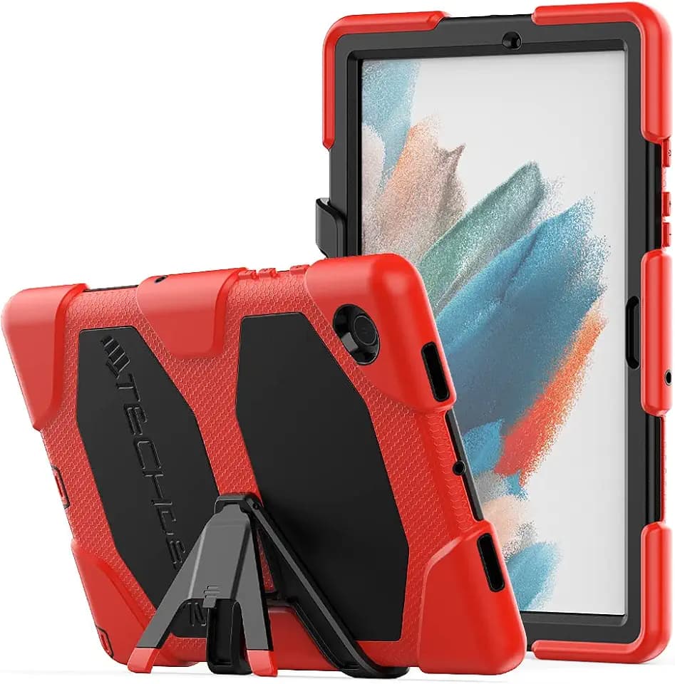 TECHGEAR G-Shock Hülle Kompatibel mit Samsung Galaxy Tab A8 10.5 2021 (SM-X200/SM-X205) Stoßfest Robuste Schutzhülle mit abnehmbaren Ständer & eingebauter Bildschirm - Schule, Kids, Bauherr - Rot