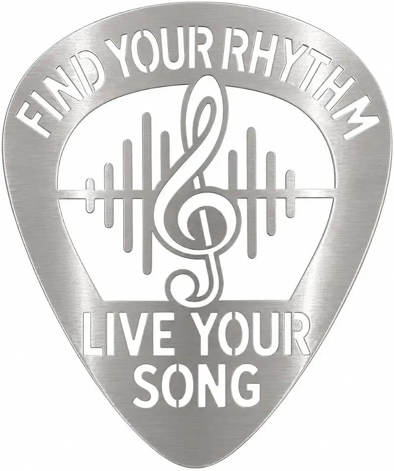 Top Brass Jumbo Guitar Pick Metal Wall Decor – “Find Your Rhythm Live Your Song” – Large 16" Steel Music Wall Art with Treble Clef, Laser Cut Design, Brushed Silver or Flame Torched Finish, Easy to Customize (Brushed Silver)