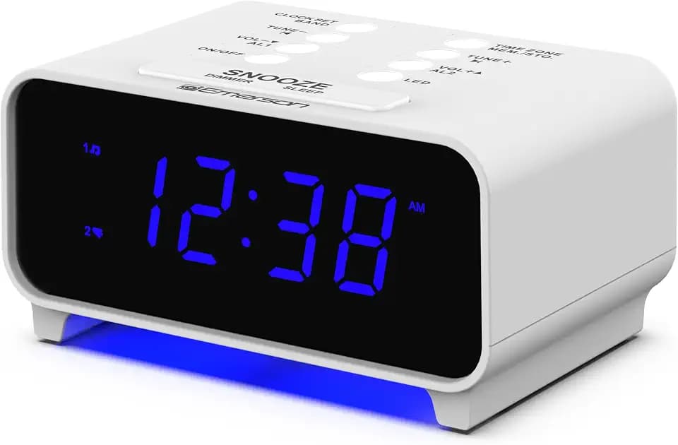 Emerson SmartSet Dual Alarm Clock Radio with PLL AM/FM, Auto Time Setting, Sleep Timer, Snooze, 20 Presets, Easy-to-Read 0.9-inch Blue Dimmable LED Display, CKS1500