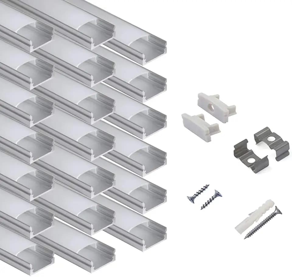 hunhun 20-Pack 6.6ft/ 2Meter U Shape LED Aluminum Channel System with Milky Cover, End Caps and Mounting Clips, Aluminum Profile for LED Strip Light Installations, Very Easy Installation