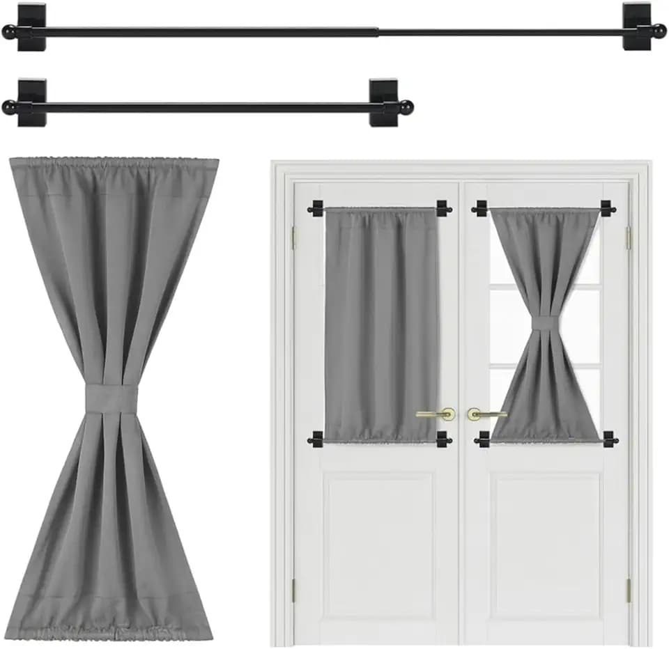 Chunful Blackout French Door Curtains for Privacy Darkening with 2 Adjustable 16-28inch Magnetic Curtain Rods and Tieback for Metal Front French Doors Window, 1 Panel(Gray,W25 X L72 Inch Panel)
