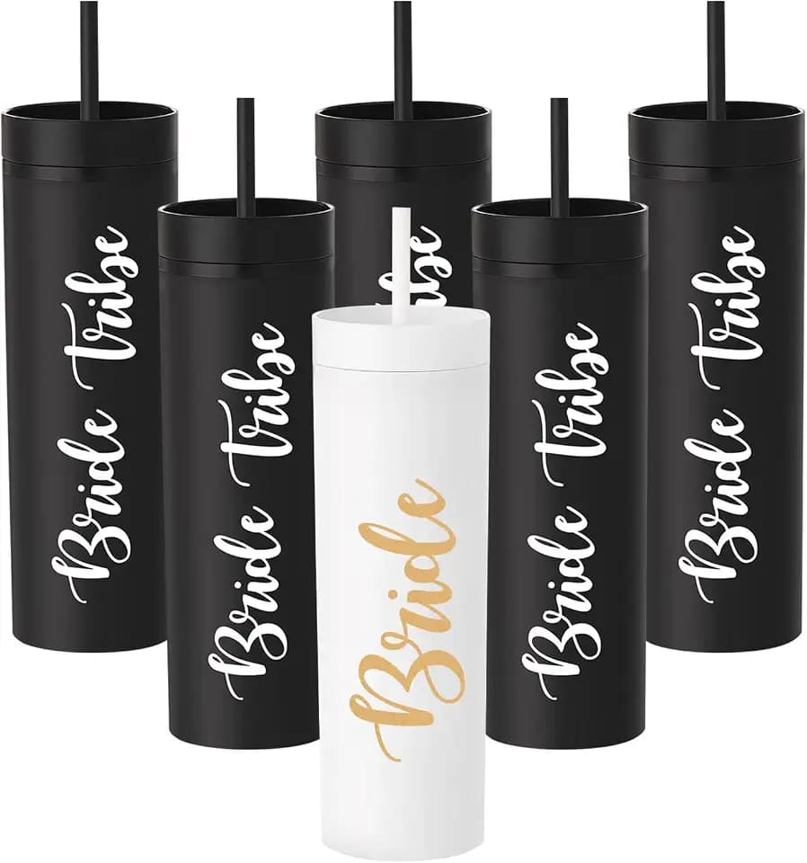 6 Pack Bride to Be Skinny Tumbler | 16 oz Bride Tribe Tumblers | Bachelorette Party Cups | Engagement Wedding Gifts Bridesmaids Mugs Bachelorette Party Supplies & Games