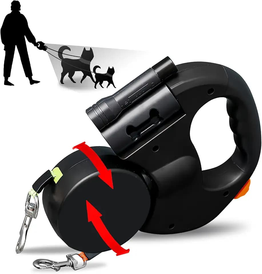Hundeleine Doppelleine für 2 Hunde mit LED-Licht, einziehbare Leine mit komfortablem Griff, Rollleine (Schwarz)