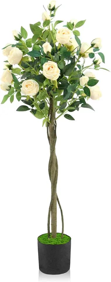 Artificial Rose Tree – Faux Plants Indoor 4FT, with Easy Assembly, Low Maintenance, Ideal for Home, Office, Outdoor Porch, Patio, Garden, Doorway, Living Room, New House Decor (Champagne)