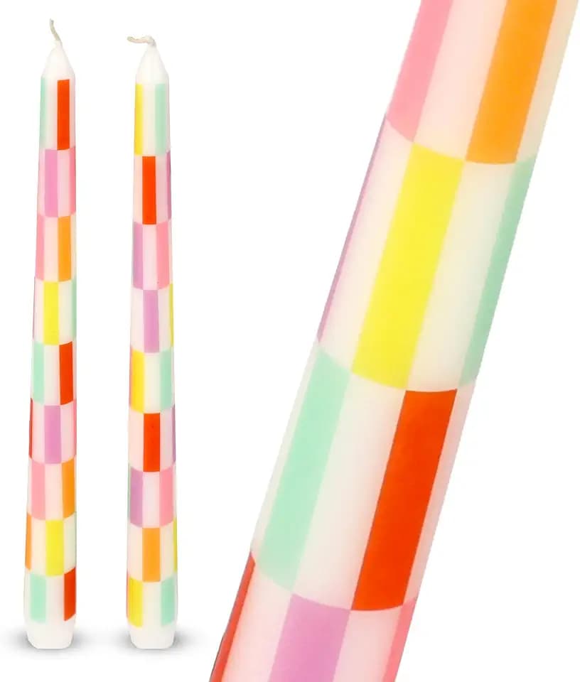 Talking Tables 2 x Colorful Checkered Tapered Tall Dinner Candles Made of Wax, Stylish Table Decorations Table Centrepieces, Summer Decor. Eco Packaging, Unscented, Burn Time 5 Hours, 10inches