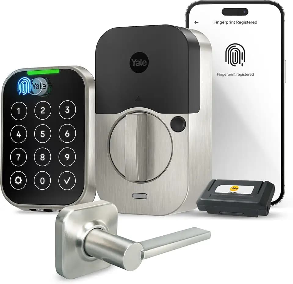 Yale Assure Lock 2 Touch Deadbolt, Satin Nickel Key-Free Smart Entry Door Lock with Valdosta Lever, Wi-Fi Connected Touchscreen Keypad and Fingerprint Scanner for Code Entry, B-YRD450-F-WF1-VL-619