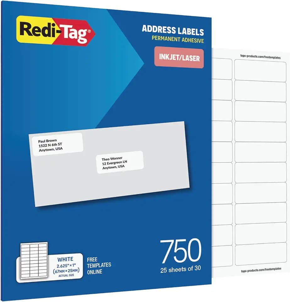 Redi-Tag Printable Address Labels, Customizable Stickers, 1" x 2-5/8", White, 750 Blank Mailing Labels for Inkjet and Laser Printers (1009573)