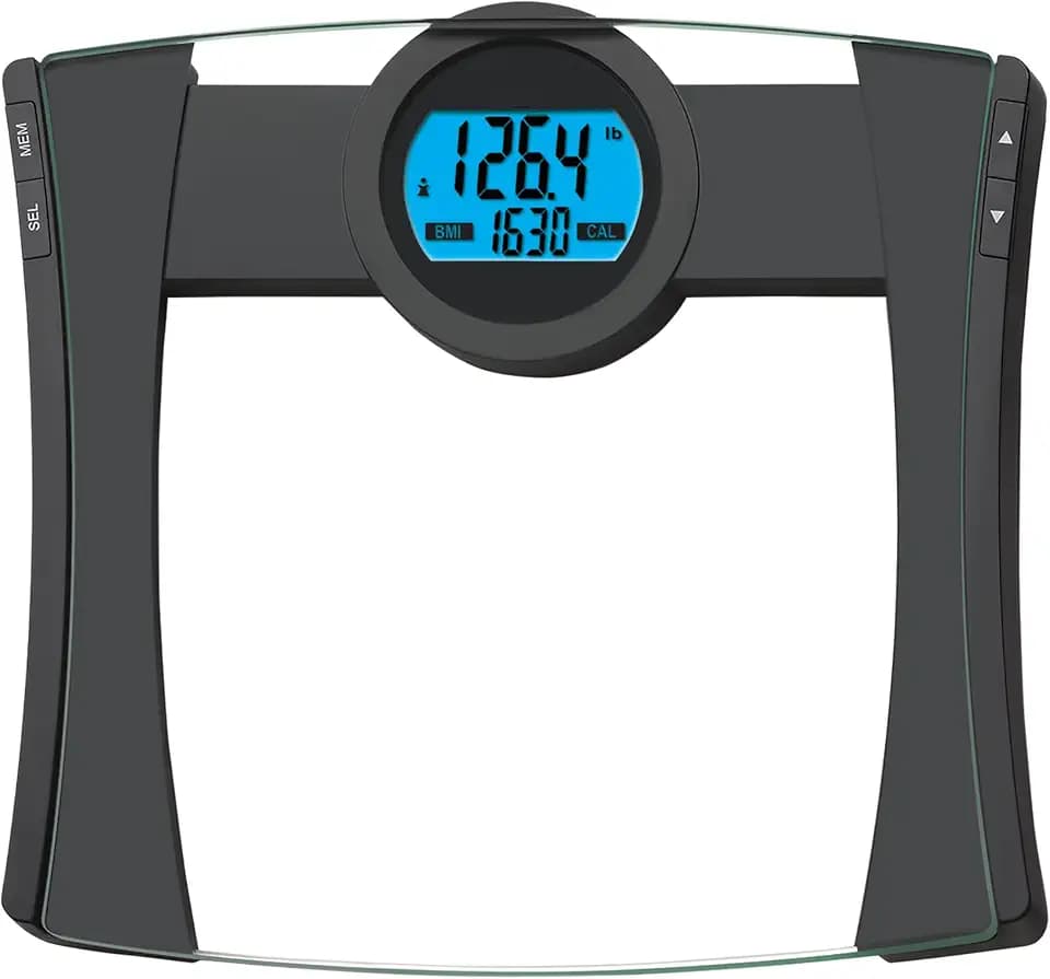 EatSmart Precision CalMax Digital Bathroom Scale - 440 lb Capacity, 0.1 lb Increments, BMI Tracking, 4-User Memory, Large Tempered Glass Platform, Blue Backlight Display