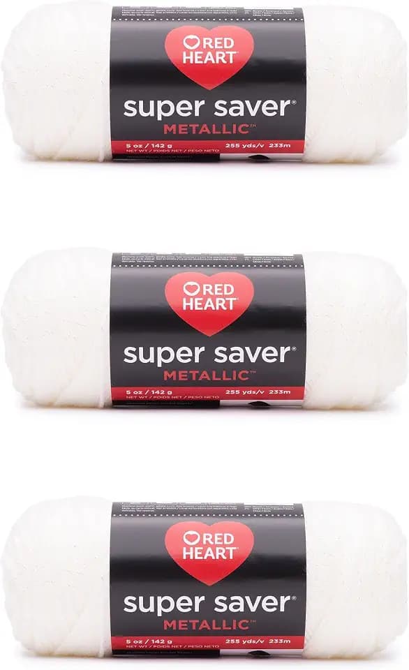 Red Heart Super Saver Metallic Yarn for Crocheting, White, 3-Pack