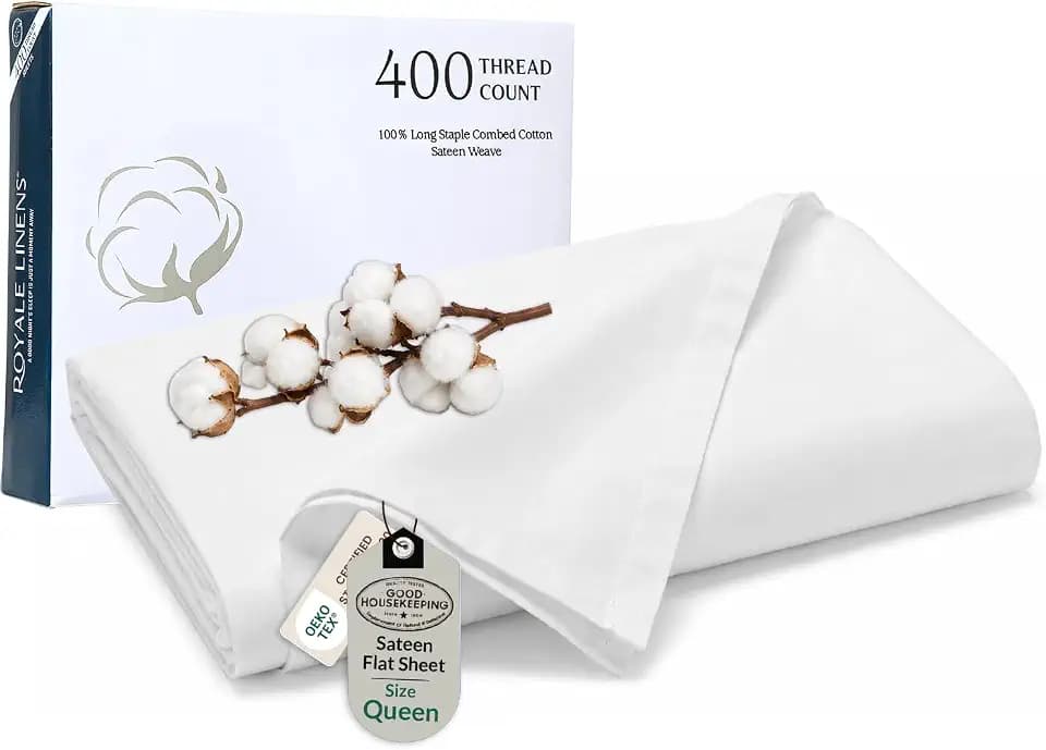 Royale Linens Queen Flat Sheet Only, Luxury Breathable Sateen Weave 100% Cotton Flat Sheets, Ultra Soft Single White Flat Sheet Sold Separately, Cooling Top Sheets (Signature White-90x102)