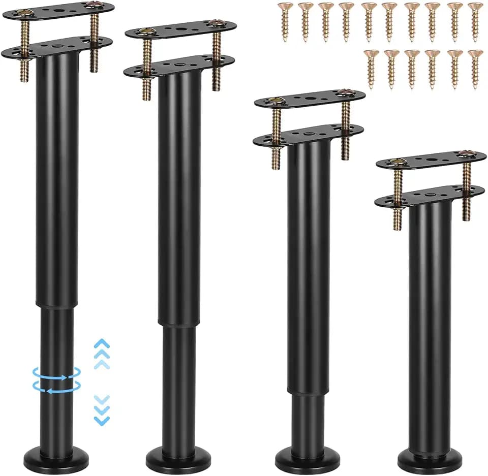RealPlus 4pcs Adjustable Bed Frame Support Legs 10"-17" Heavy Duty Metal Bed Center Slat Support Legs, Black