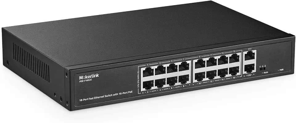 MokerLink 16 Port PoE Switch, 2 Gigabit Uplink, 200W IEEE802.3af/at, VLAN & Extend, Metall Rackmount Unmanaged Plug and Play Ethernet Switch