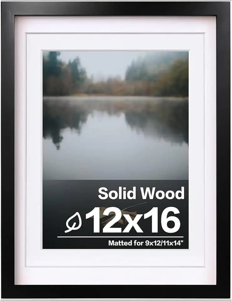 Egofine 12x16 Picture Frame Black, Covered by Plexiglass Made of Solid Wood, Display Pictures 9x12 and 11x14 with Mat or 12x16 Without Mat, for Wall Mounting Photo Frame