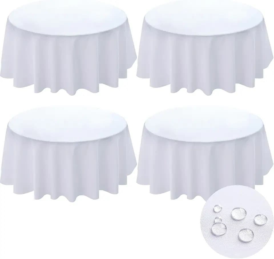 BYDOLL Table Cloth Round 60 Inch Fits Max50 Inch Diameter Top,4 Pack White Washable Outdoor Winkle and Stain Resistant Spillproof Polyester Tablecloth for Round Tables Party Cover